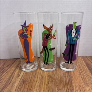 3 Vintage The Monster Lounge Halloween Highball Glass Cups Frankenstein Wolf Man